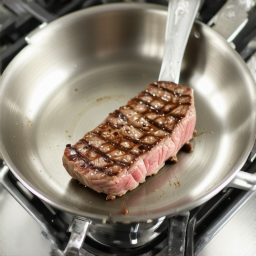 Close-up of a stainless steel frying pan searing a steak on a stovetop.