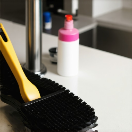 Drain cleaning tools and chemicals displayed on a sleek kitchen counter.