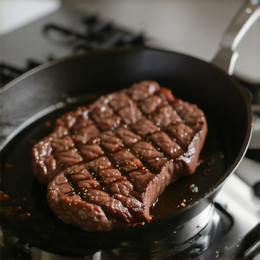 Close-up of a cast iron skillet with steak showing sear marks on an electric stove