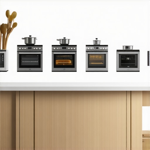 Selecting Premium Kitchen Appliances Person evaluating premium cookware, air fryers, and espresso machines in a modern kitchen.