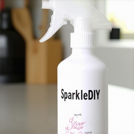 Bottle of SparkleDIY air fryer cleaning spray on a kitchen counter