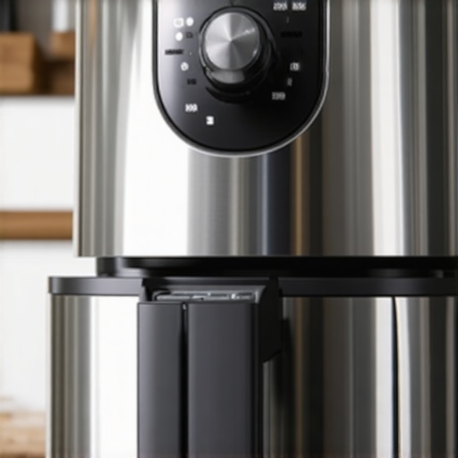 Close-up of a stainless steel air fryer stabilizer with adjustable straps in a modern kitchen
