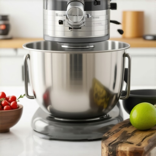 Close-up of a shiny stainless steel stand mixer bowl on a kitchen counter.