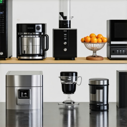 A collection of sleek, modern kitchen appliances on a countertop.