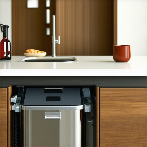 Modern kitchen featuring a high-end stainless steel pull-out waste bin system seamlessly integrated into cabinetry.