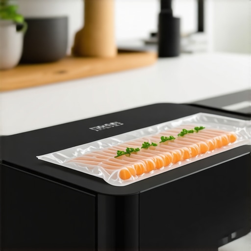 A sleek modern vacuum sealer sealing food bags in a bright kitchen setting.
