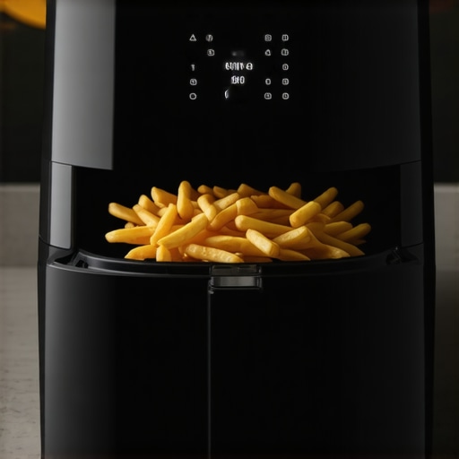 A sleek AirMaster CrispPro air fryer with crispy fries on a modern kitchen countertop.