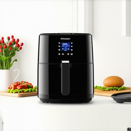 A sleek AirMaster CrispPro air fryer placed on a modern kitchen countertop