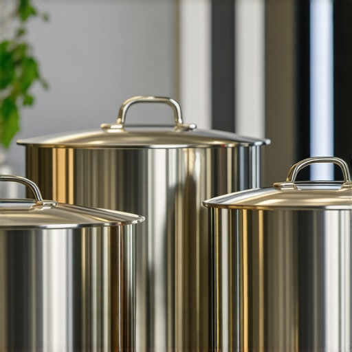 Premium stainless steel cookware set in a professional kitchen setting.
