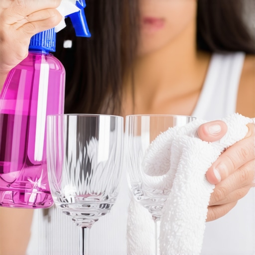 Person polishing glasses with glass spray and cloth