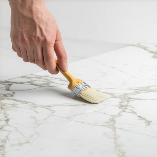 Person applying sealant to marble countertop with brush.
