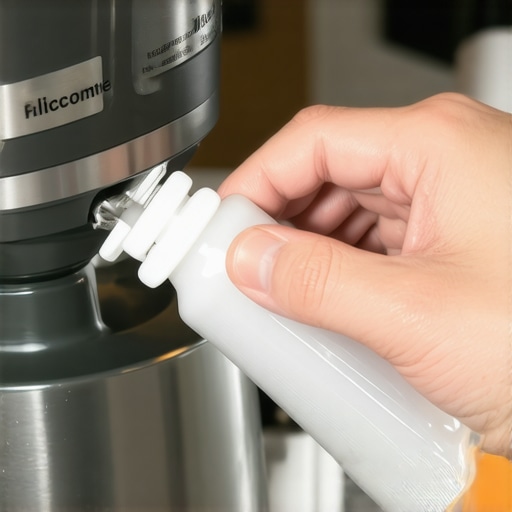 Person spraying silicone lubricant on stand mixer attachment joint.