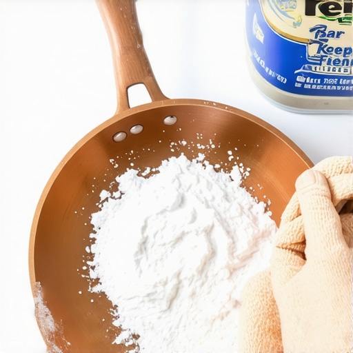 A hand applying Bar Keepers Friend cleaning powder to a copper pot with a sponge.