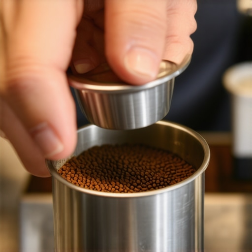 Hand using a distribution tool on coffee grounds in a portafilter