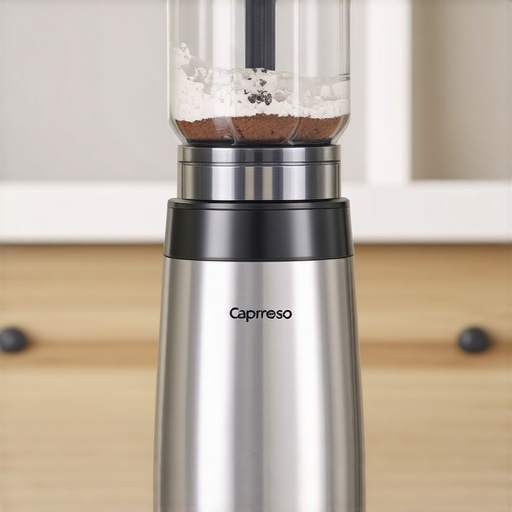 Capresso Infinity Conical Burr Grinder on kitchen counter with stainless steel burrs