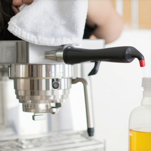 Person cleaning espresso machine with microfiber cloth and vinegar