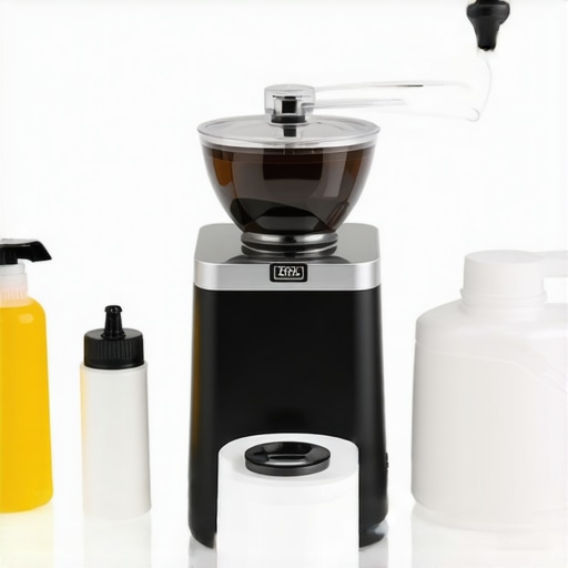 Coffee grinder with cleaning brushes and descaling solution for maintenance.