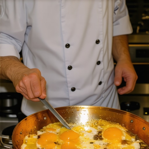 Chef preparing eggs in a copper skillet