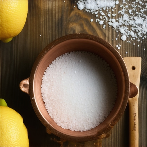 Lemon and salt being used to clean copper pots in a kitchen