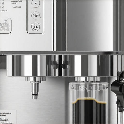 Close-up of high-end dual-boiler espresso machine with control panel and steaming wand.