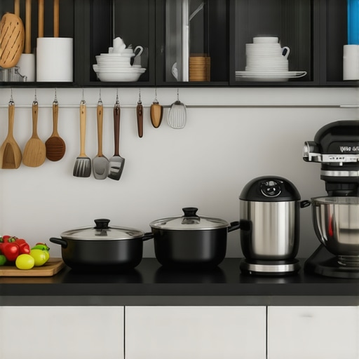 Modern kitchen with high-end cookware and appliances on a countertop