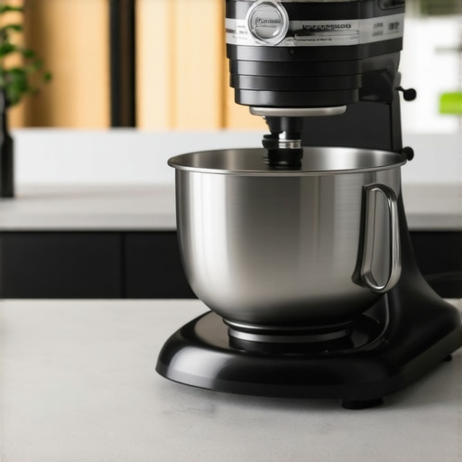 Modern kitchen countertop with a stable stand mixer on a sleek stabilizer platform.