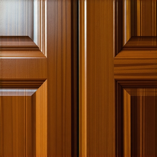Close-up of a shiny, varnished wooden kitchen cabinet door highlighting rich grain
