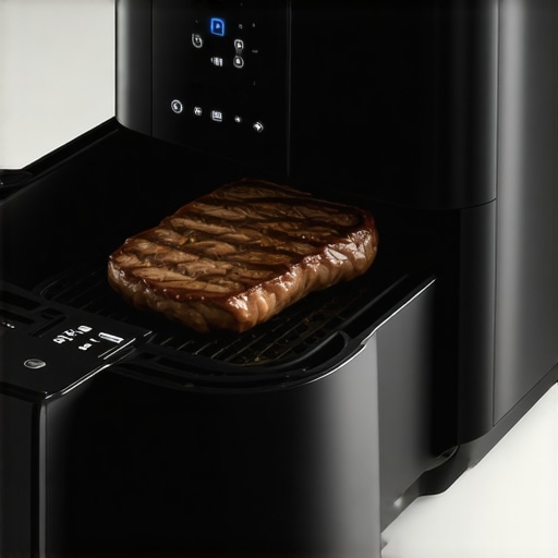 Modern air fryer searing steak with digital display on kitchen counter.