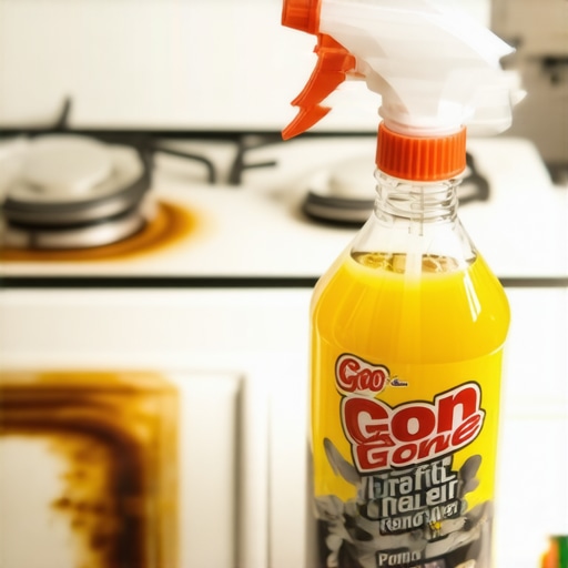 Spray bottle of Goo Gone graffiti remover beside a glass cooktop with burnt sugar stains.