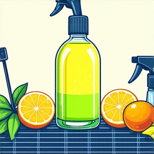 Bottle of high-temperature grill cleaner alongside cleaning brushes and citrus fruits.
