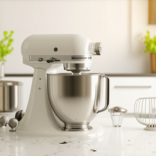 A premium KitchenAid artisan stand mixer with accessories displayed on a countertop