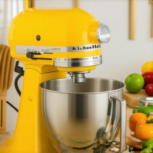 A colorful KitchenAid Artisan Stand Mixer on a kitchen countertop.