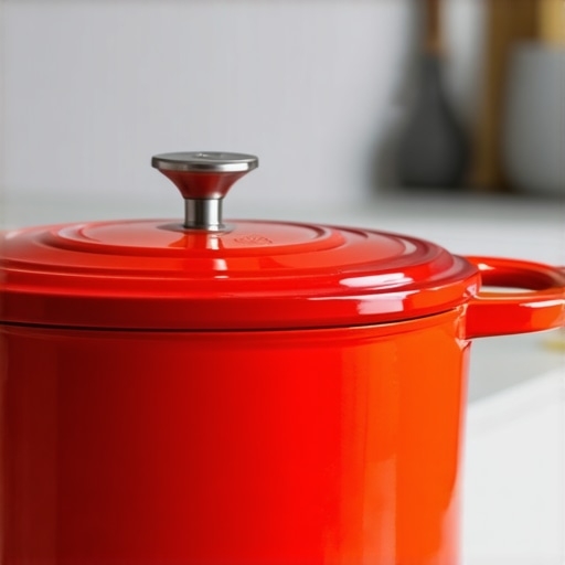 Le Creuset cast iron Dutch oven with vibrant exterior in a kitchen setting