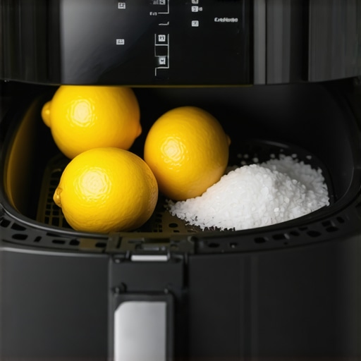 A person applying lemon and salt scrub to an air fryer coil to clean grease