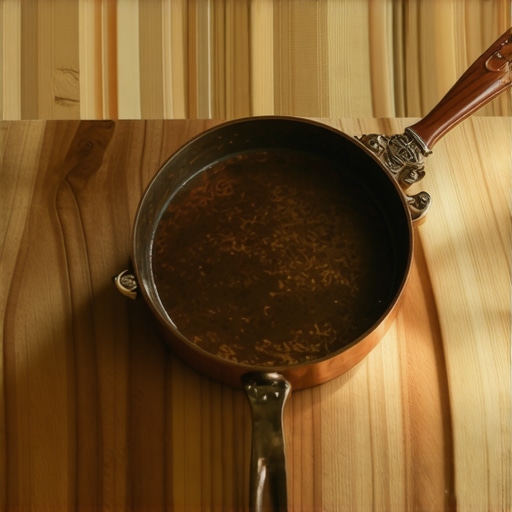 Elegant handcrafted copper pan with ornate handle and wooden grip in a rustic kitchen.