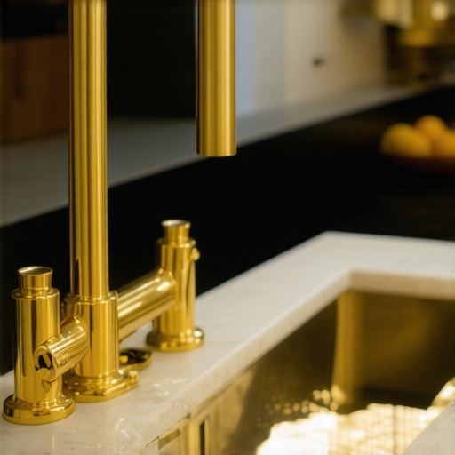 Shiny brass fixtures being polished in an elegant kitchen
