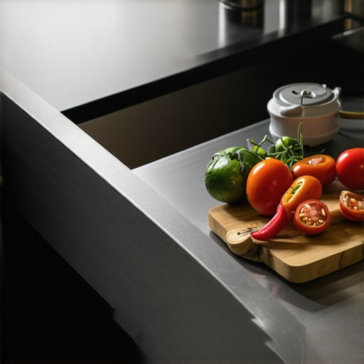 Close-up of stainless steel soft-close drawer slide in a modern kitchen environment