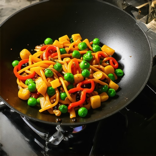 A professional-grade black carbon steel wok filled with stir-fried vegetables on a stovetop