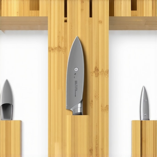 Bamboo knife block with built-in sharpening slots in a contemporary kitchen setting