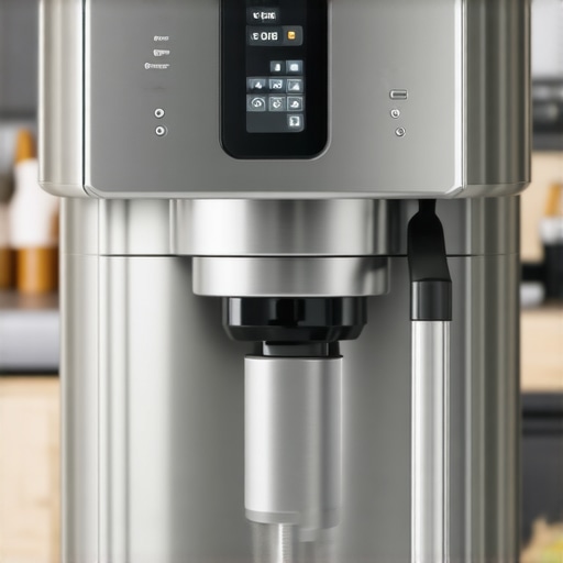 Sleek stainless steel espresso machine with steam wand in contemporary kitchen.