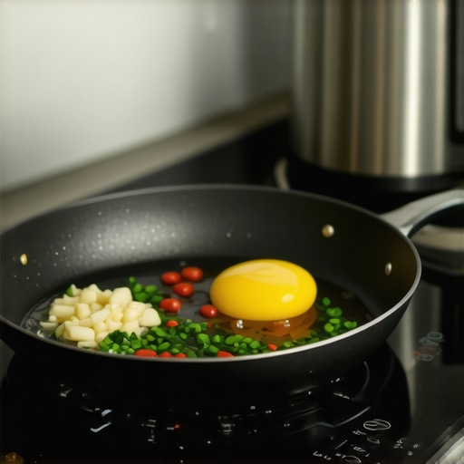 Frying pan on induction stove with vegetables and eggs