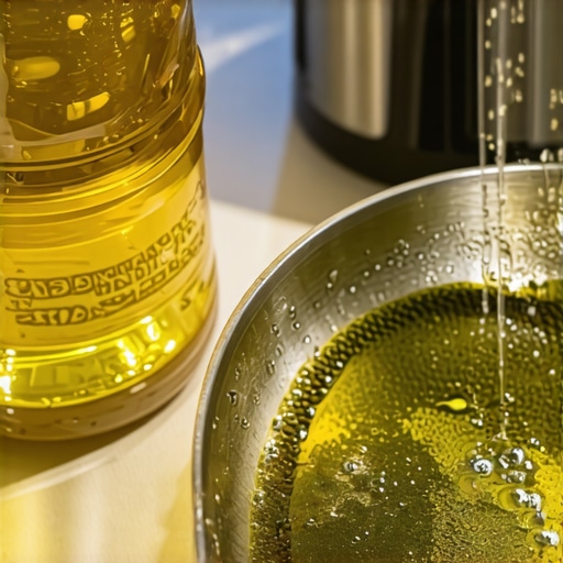 Bottle of peanut oil and seasoned pan with oil coating.