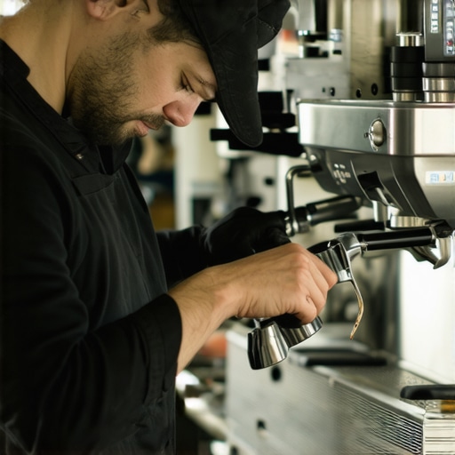 Barista pouring espresso shot with a premium portafilter in a coffee shop.