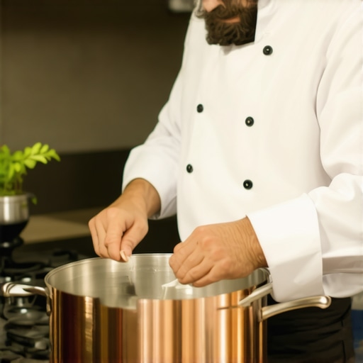 Chef cooking with a shiny copper-core saucepan on a modern stove.