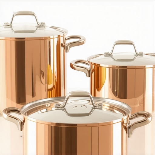 Copper and stainless steel cookware set on countertop