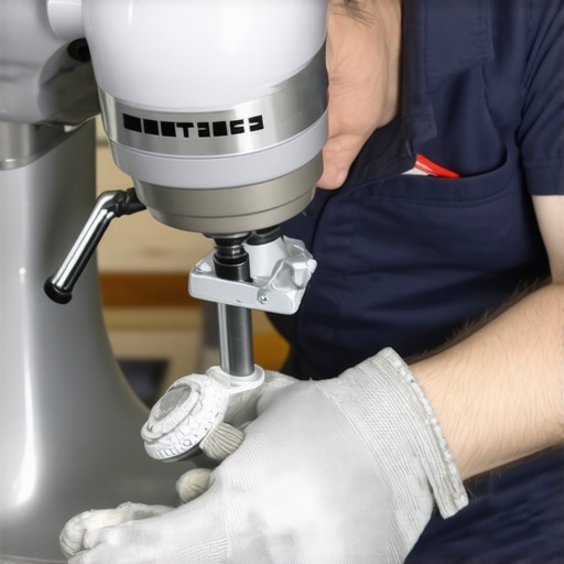Technician applying sealant to a stand mixer's gearbox ensuring a leak-proof seal.