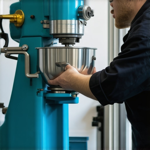 Technician servicing stand mixer gears with tools in workshop