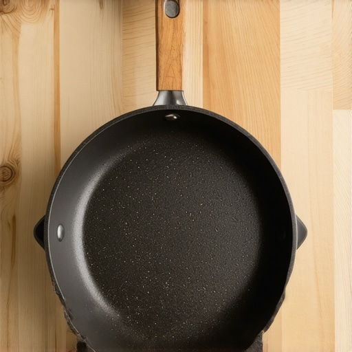 Close-up of a well-seasoned carbon steel skillet with a wooden handle.
