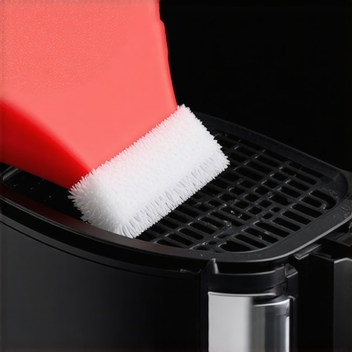 A hand using a flexible silicone scrubber to clean an air fryer basket.