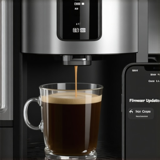 Coffee maker next to smartphone showing firmware update interface